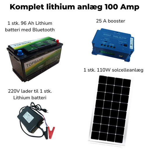 Komplet solcelleanlæg med lithiumbatteri 100 Amp